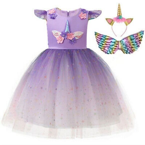NWT Unicorn Costume Pageant Princess Party Dress with Unicorn Headband and Wings - Picture 1 of 3
